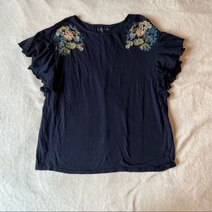 LOFT Navy Blue Floral Embroidered Ruffle Sleeve Blouse Size Medium